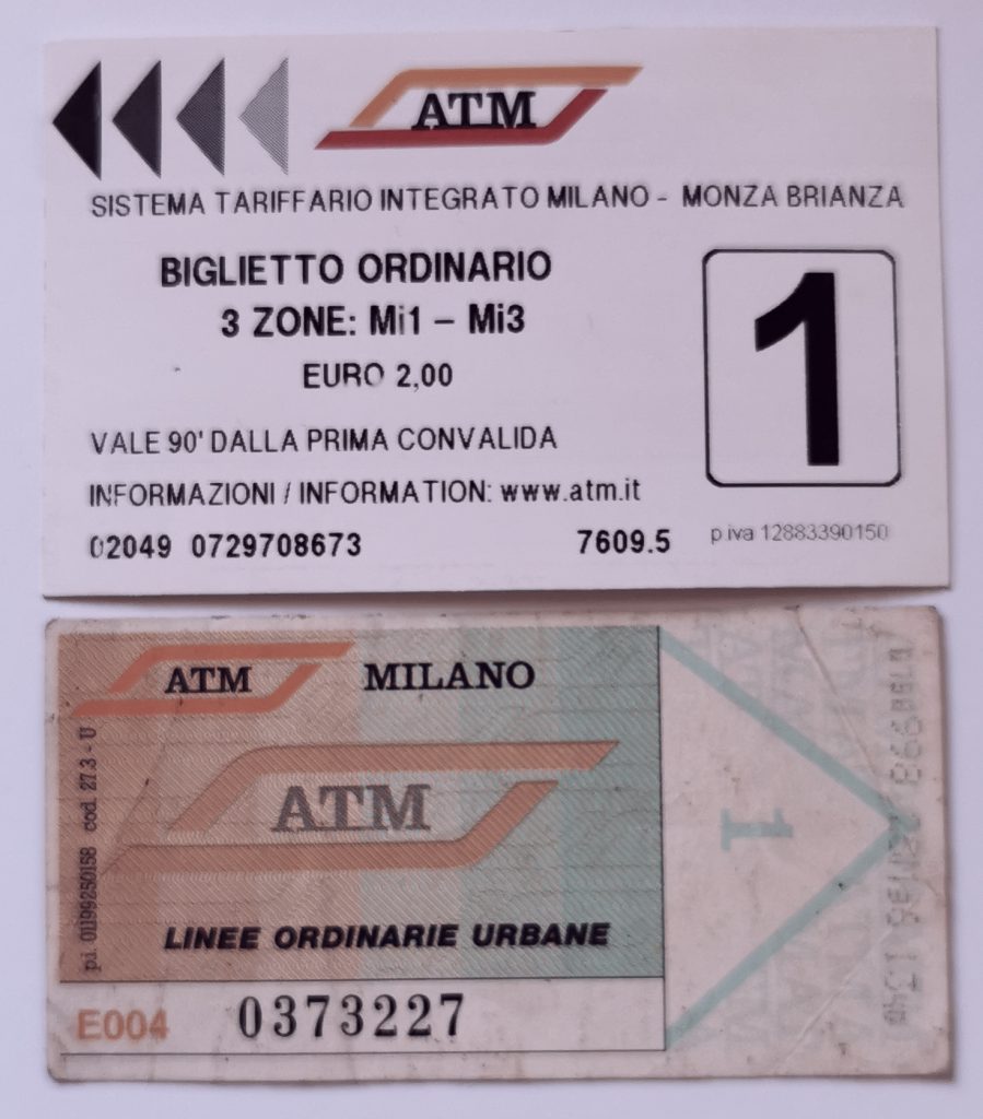 Billete actual y billete de finales de los 90 de la Metro de MIilán